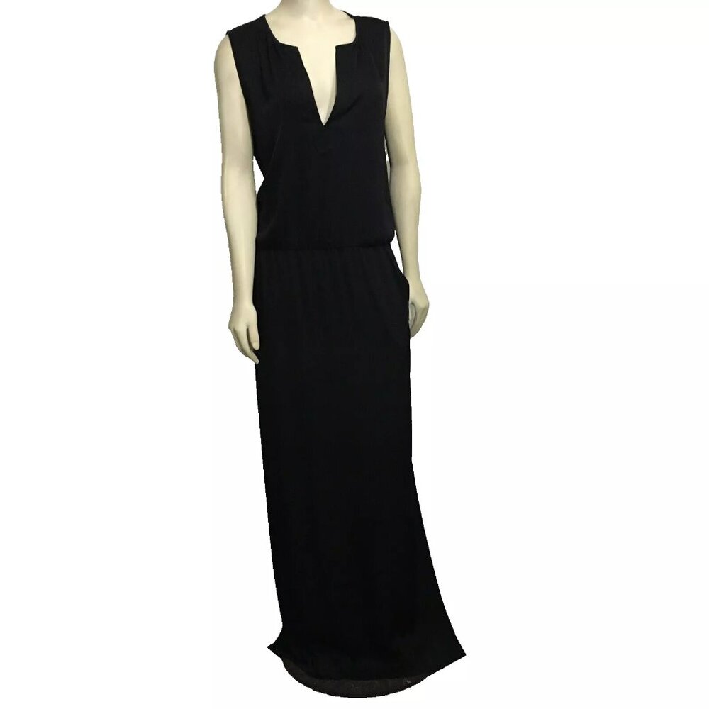 BCBG MazAzria L Alexis Black Satin Sleeveless Long Dress Pockets Elastic Waist